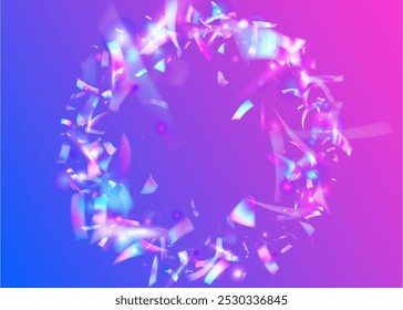 3d Confetti. Party Glitter. Disco Ribbon. Unicorn Paper. Blue Glare Background. Laser Holographic Illustration. Happy Sparkle. Abstract Poster. Purple 3d Confetti