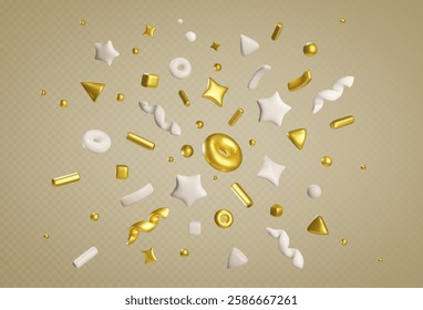 Padrão de confete 3d com ouro flutuante e estrelas brancas, círculos, triângulos, anéis, fitas curvas e formas geométricas. Elementos decorativos comemorativos abstratos realistas para desenhos festivos.