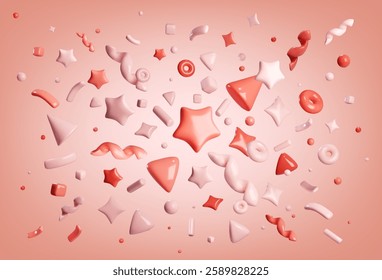 3D confetti with red and pink stars, flying curved ribbons, spheres and triangles, donuts and shiny geometric shapes. Realistic romantic festive composition in pastel colors for festive design.