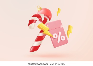 3d confetti spiral icon signs for surprise on new year with tag price notice for discount coupon. Special offer promotion on christmas holiday with notice reminder. 3d icon vector render illustration