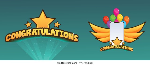 3d Congratulations banner with a mobile phone graphic with balloons and wings in golden color. could be used for cards and other posters portraying celebrations of any sort. Fun style with empty space