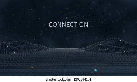 3d Connection Background. Wireframe Topography Landscape. Music Equalizer Concept. Blockchain And Crypto Currency Technology Background. Vector Illustration