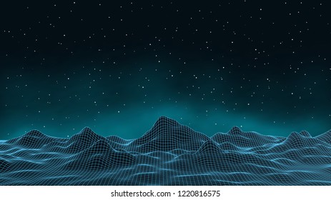 3d Connection Background. Wireframe Topography Landscape. Music Equalizer Concept. Blockchain And Crypto Currency Technology Background. Vector Illustration