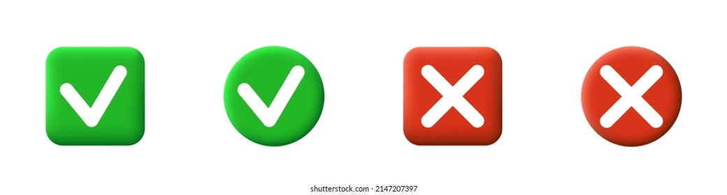 3d consent and cancel buttons. Red and green buttons. Vector clipart isolated on white background.