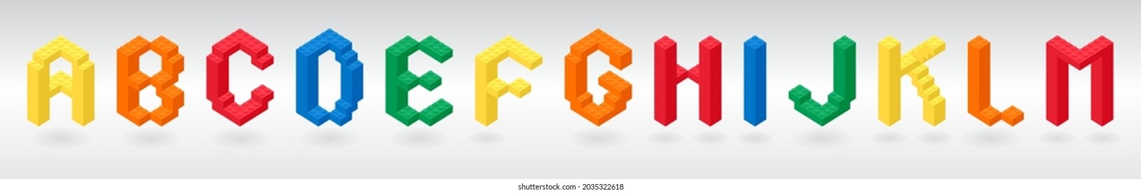 3D construction alphabet letter from colorful building brick block toy. Bricks font for children poster, baby banner, logo print for kid sale promotion, social media. vector illustration