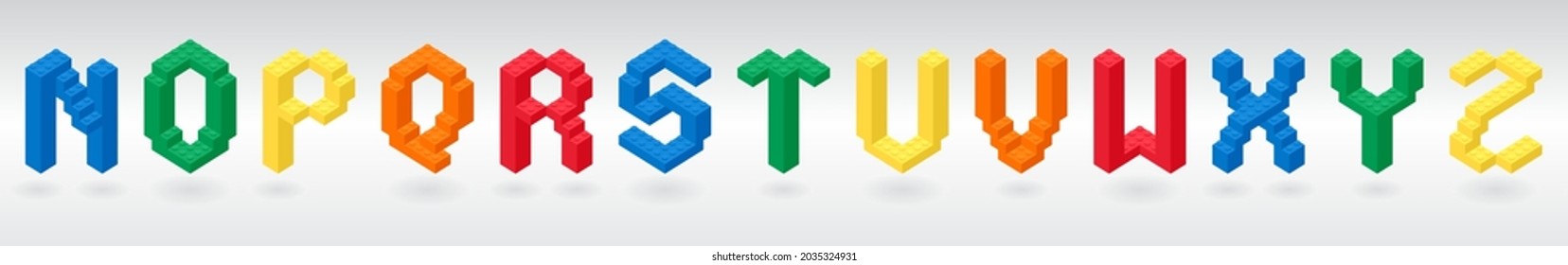 3D construction alphabet letter from colorful building brick block toy. Bricks font for children poster, baby banner, logo print for kid sale promotion, social media. vector illustration