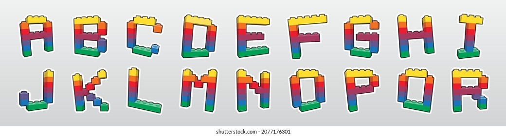 3D construction alphabet letter. colorful building brick block toy, Plastic construction font for children poster, baby banner, logo print for kid sale promotion, social media. vector illustration