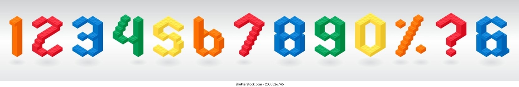 Números de alfabeto de construcción 3D del colorido juguete de bloques de ladrillo. Letra de ladrillos para carteles, pancartas, logotipo y publicidad para niños