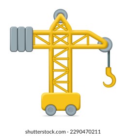 grúa de construcción 3D sobre ruedas como icono de juguete amarillo, construcción industrial de edificios y casas, arquitectura y paisaje. Gráficos vectoriales de una grúa alta y grande