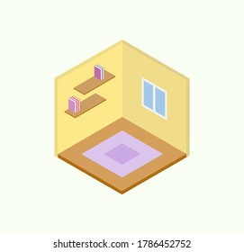 3D Bau und Planung von Wohnraum-Vektorgrafik, Box mit Fenster und Boden, leerer Raum mit Regal und Bücher in Reihe. Konstruktionsvorlage einzeln