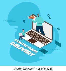 3D Contactless Delivery Text With Online Ordering And Food Delivery Men From Laptop On Blue Background.