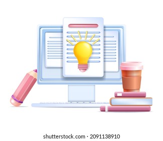 3D content illustration, vector creative storytelling writing concept, business idea, digital document. Online paper, computer screen, book, coffee, bulb, virtual education course. 3D content creation