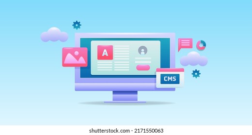 3D content management system, CMS, Website software, Security, Website builder concept - vector illustration with icons