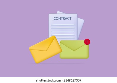 3d contract by mail in an envelope. Newsletter online in a new message. Electronic agreement, deal with information for business partners. Subscription concept, notification icon. Vector illustration