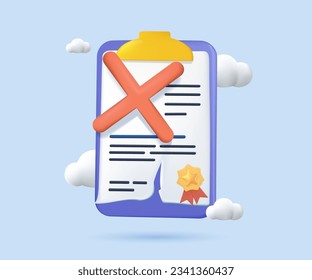 3D Contract cancellation business concept. Terminated tearing contract paper sheet breach 3D style design vector illustration. Tearing contract papers. Broken contract vector or breach of agreement