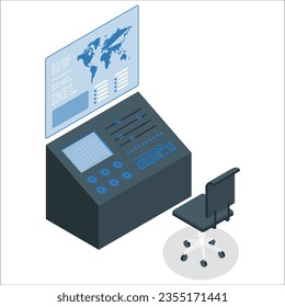 3D-Anzeige der Systemsteuerung. Konzeption von Kontrollraum-Lösungen, Ausrüstung für Überwachung und Überwachung, Internet-Sicherheitsdienst. Moderne Control Panel Textur mit vielen Knöpfen. 2395