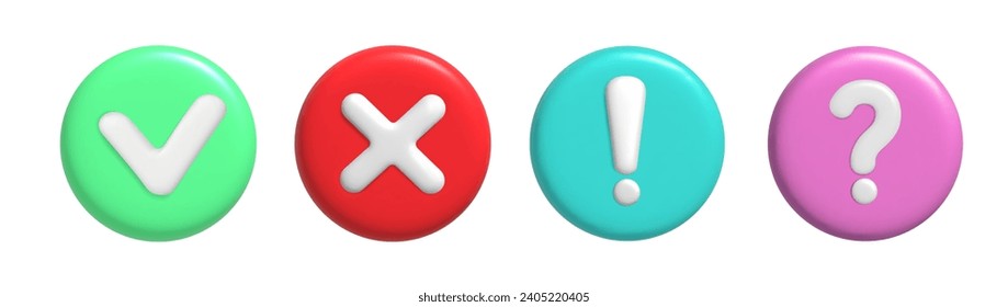 3d Control sign, warning, caution, cross . Realistic question mark, exclamation mark .Right and wrong 3D Button .Vector illustration