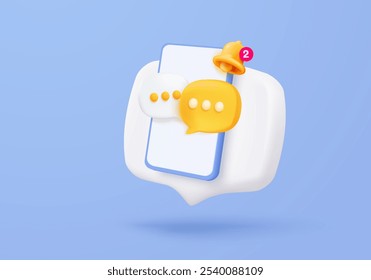 3D conversation speech bubble icon. notice talk on mobile phone. online social discussion comment reminder, chat emoji message ask and answer on social media. 3d speech icon vector render illustration