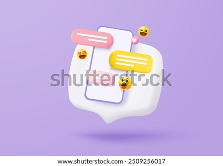 3D conversation speech bubble icon. notice talk on mobile phone. online social discussion comment reminder, chat emoji message ask and answer on social media. 3d speech icon vector render illustration