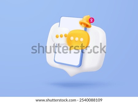 3D conversation speech bubble icon. notice talk on mobile phone. online social discussion comment reminder, chat emoji message ask and answer on social media. 3d speech icon vector render illustration