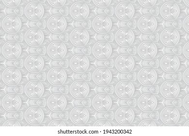 3D convex volumetric pattern with arched lines. Ethnic embossed white background with elements of geometric ornament. Composition with national flavor in the style of doodling.