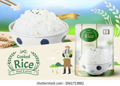 3d cooked white rice ad template with chopsticks taking rice from a ceramic bowl. Microwavable plastic bag package.