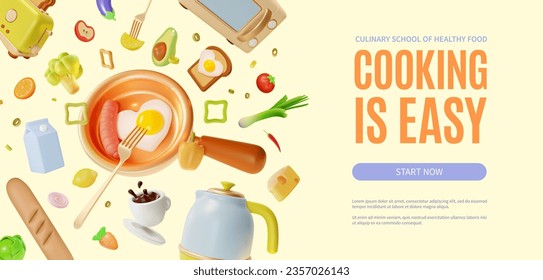 3d Cooking is Easy Culinary School of Healthy Food Placard Poster Banner Card Template Cartoon Style. Vector illustration of Electric Appliances, Frying Pan and Flying Ingredients