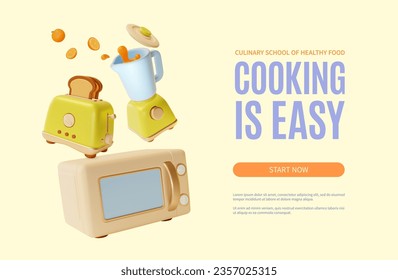 3d Cooking is Easy Placard Poster Banner Card Template Cartoon Style Include of Smoothie in Blender, Microwave Oven and Toaster. Vector illustration of Culinary School of Healthy Food