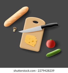 3D Cooking, kitchen, recipe, restaurant, menu. Cutting board, knife, cheese, tomato, bread, cucumber, mushroom. Illustration on a black background, top view.