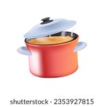 3D Cooking pan icon. Cooking pot, Boiled water in pots, pasta in saucepan and scrambled eggs in dripping pan, vector illustration for kitchen cook. 3D cooking vector illustration