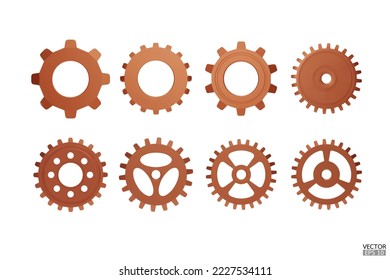 3D copper Gear icon set. Transmission cogwheels and gears are isolated on white background. Bronze Machine gear, setting symbol, Repair, and optimize workflow concept. 3d vector illustration.