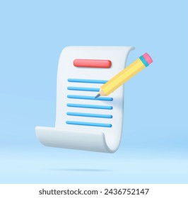 3d Copywriting, writing icon. Document concept. Creative writing and storytelling, education concept. 3D Rendering. Vector illustration