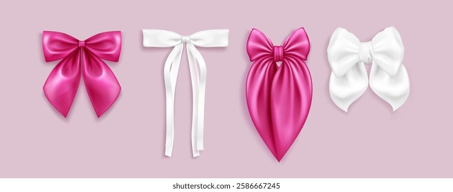 3D coquette bow collection with pink and white ribbons on pastel background. Realistic silky feminine decoration elements of various shapes and lengths. Luxurious satin knots set for festive design.