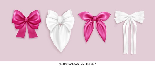 3D coquette bow collection with pink and white ribbons on pastel background. Realistic silky feminine decoration elements of various shapes and lengths. Luxurious satin knots set for festive design.