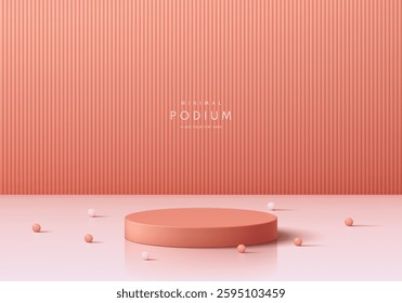 3D coral red cylindrical podium background with vertical pattern wall scene. Minimalist 3D mockup pedestal abstract product display presentation, Stage for showcase. Platforms vector geometric design.