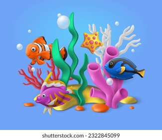3d coral reef with fishes. Underwater ocean animals composition, aquarium with clownfish, summer sea marine tropical creatures. Clownfish and starfish. Isolated render vector exact cartoon toys