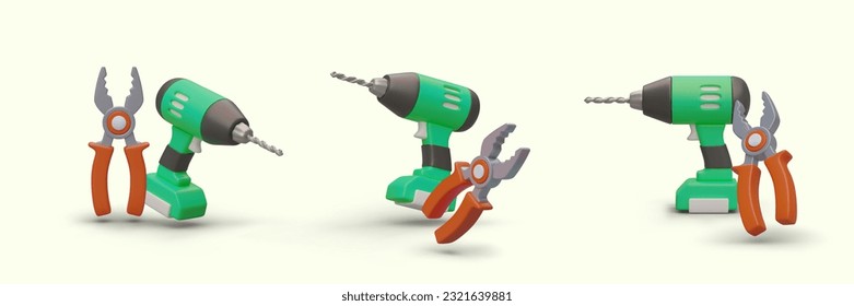 3D cordless drill, pliers. Hand tools for repair. Isolated vector image, view from different sides. Modern illustration in motion, with shadows. Set of vector drawings