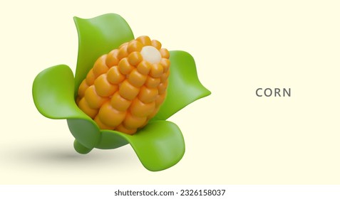 3D corn cob with green leaves. Vegetarian natural product. Ripe maize. Yellow young sweet corn. Poster in cartoon style. Vector template with place for text