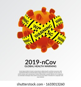 3d coronavirus illustration with white background. global health warning with yellow tape. wuhan pandemic virus