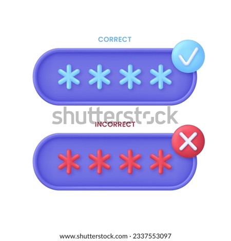 3D Correct and Incorrect Passwords. Padlock and password. Personal data protection on the internet. Incorrect and correct data entering. User authorization, sign in to account, authentication page.