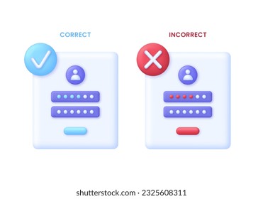 3D Correct and Incorrect Passwords. Personal data protection on the internet. Incorrect and correct data entering. User authorization, sign in to account, authentication page.