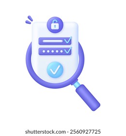 3D Correct Password and magnifying glass. Personal data protection on the internet. Incorrect and correct data entering. User authorization, sign in to account, authentication page. Vector in 3d style