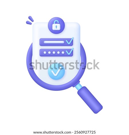 3D Correct Password and magnifying glass. Personal data protection on the internet. Incorrect and correct data entering. User authorization, sign in to account, authentication page. Vector in 3d style