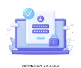 3D Correct Password on Computer. Personal data protection on the internet. Incorrect and correct data entering. User authorization, sign in to account, authentication page. Vector in 3d style.