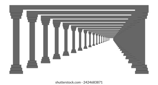 3d Corridor Vector Illustration in Grey Colour. 3d Dark Grey Colour Pillars Vector Illustration Right View. Beautiful Corridor Entrance Vector Graphics Concept Idea Isolated on White Background.