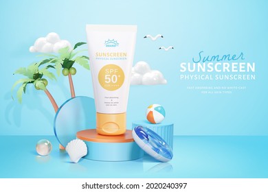 3D șablon de anunțuri cosmetice în temă de vacanță insulă. Tub batjocori pe podium rotund cu obiecte de înot plajă.