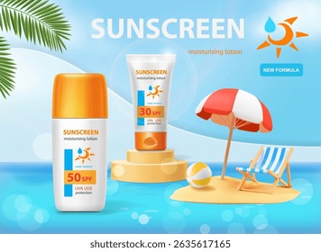 3d cosmetic ad template in island on blue sea background Tube mock up on round podium with beach umbrella, chaise lounge and palm leaves. Vector banner