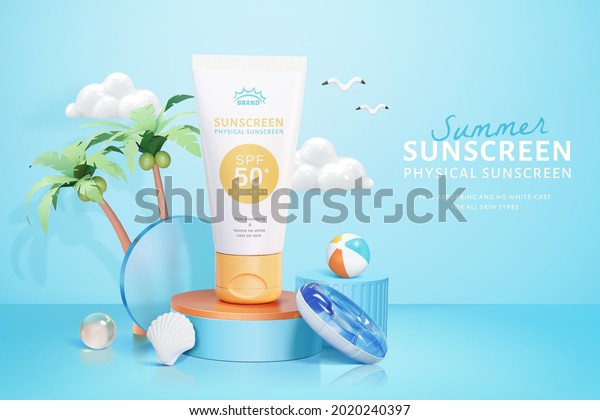 3d cosmetic ad\
template in island vacation theme. Tube mock up on round podium\
with beach swim objects.