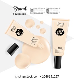3D cosmetic Ads. BB foundation products, Makeup concept. Vector illustration