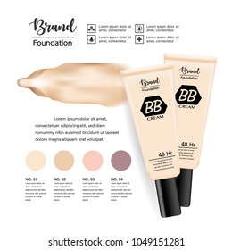 3D cosmetic Ads. BB foundation products, Makeup concept. Vector illustration